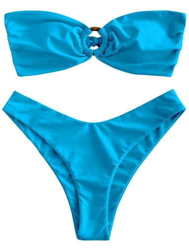 Image of ZAFUL Women's Bandeau Bikini O Ring Strapless Tie Back High Cut Two Piece Swimsuit Bathing Suits
