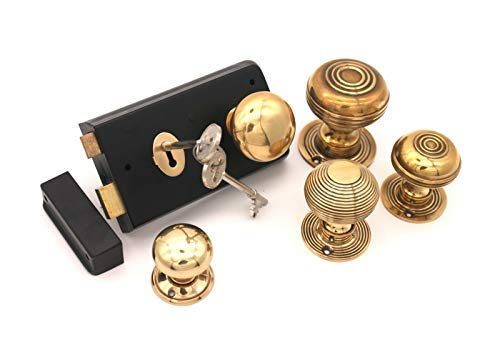 Infinity Decor Old Victorian Style Black Door Rim Lock + Antique Solid Brass Door Knob Set (N) (Bloxwich Small)
