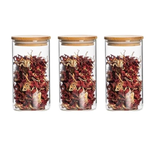 Almacenaje Cocina con Tapa 3 Tarros De Vidrio Grueso con Tapa Bambú Sellada Tapers para Comida Hermetico(12x6.6cm)