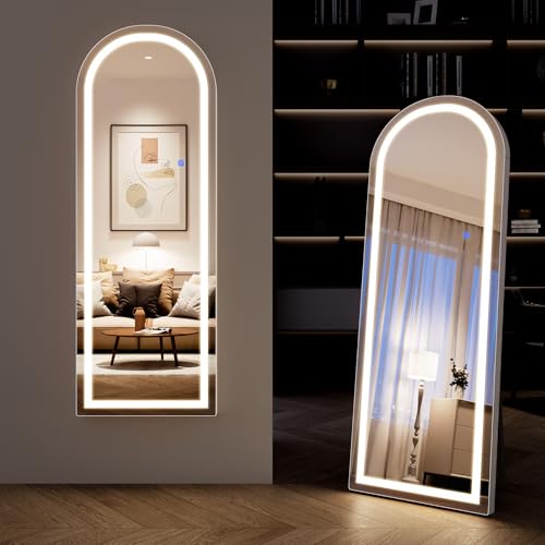 WISSMIELS Full Length Mirror with Lights, 56"x20" Arched Mirror with Dimming & 3 Color Lighting, Shatterproof Glass, Standing Leaning or Wall-Mounted, Ideal for Living Room Bedroom Entryway