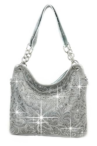 Laser Cut Rhinestone Purse Double Chain Handle Bling Purse Pewter4