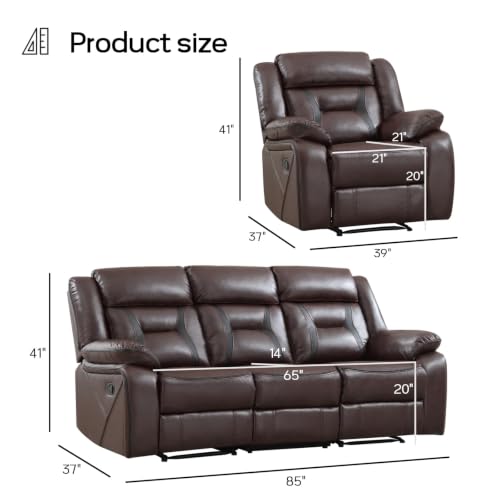 Image of EBELLO Faux Leather Recliner Sofa Furniture Set for Living Room, 1 Recliner Chairs, Two Seat Reclining Sofa Couch Set for Meeting Room, Dark Brown