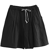 Ladyful Womens Summer Wide Leg Shorts Cotton Linen Knee Length Shorts with Drawstring and Pockets