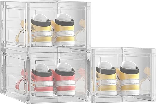 GGEROU Clear Shoe Boxes - Stackable, Sturdy Shoe Storage with Magnetic Door - Universal Shoe Organizer for Men and Women - Sneaker Storage and Display Case (3 Pcs)