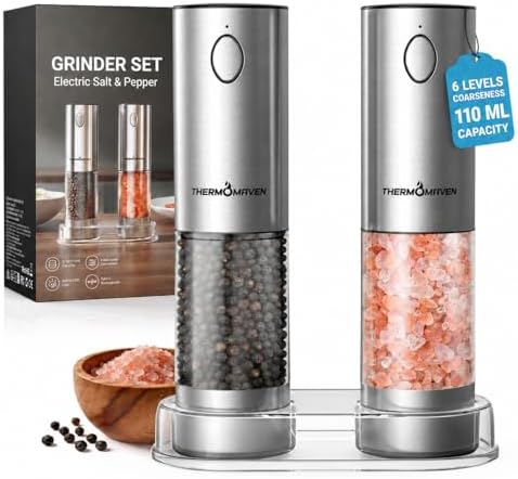 ThermoMaven Upgraded Larger Capacity Electric Salt and Pepper Grinder Set, 110ml Rechargeable Salt and Pepper Shaker with LED Light, Stainless Steel Automatic Pepper Mill with 6 Adjustable Coarseness