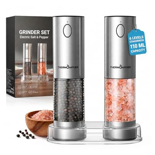 ThermoMaven Upgraded Larger Capacity Electric Salt and Pepper Grinder Set, 110ml Rechargeable Salt and Pepper Shaker with LED Light, Stainless Steel Automatic Pepper Mill with 6 Adjustable Coarseness