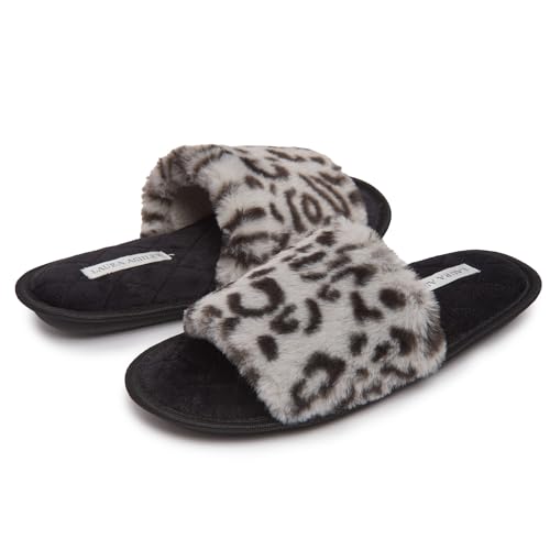 Laura Ashley Open Toe Fluffy Band Slippers for Women with Non-Skid Rugged Sole, Plush Terry Slippers for Ladies2