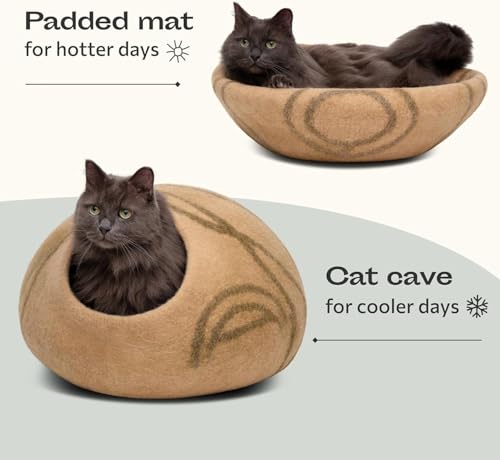 Image of MEOWFIA Cat Cave - Premium Felt Cat Bed Enclosure for Indoor Cats, Handmade Merino Wool (Beige, Large)