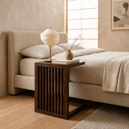 Image of Solid Sheesham Wood C Shape Side Table for Living Room | Modern Sofa End Table | Wooden Laptop Table for Bed | Coffee & Snack Table | Bedside End Table | Walnut Brown Finish