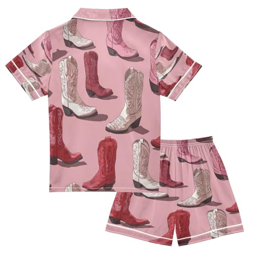 Satin Pajama Sets Short Sleeve Cowboy Boots Pattern Button Down Silky Nightwear 2 Piece PJS 5-14Y2