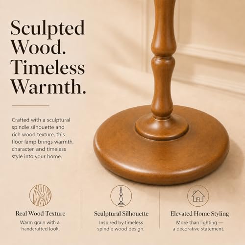 Image of Real Wood Floor Lamp with Dual Lampshades, Sculptural Spindle Standing Lamp with Foot Switch, Modern Farmhouse Dimmable Floor Lamp for Living Room, Bedroom, Reading Corner & Cozy Home Decor