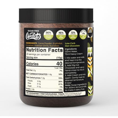 Image of Nutribarn Sugar-Free Hot Chocolate Mix 200g. 1.6g Net Carb. Zero added Sugar, Low Carb, Low Calorie. Sweetened with Sucralose.