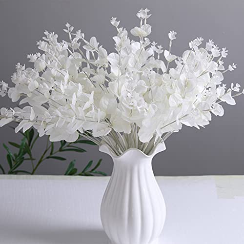 Firlar 4 Pcs Artificial Eucalyptus Stems, 19.7 Inch Faux White Eucalyptus Leaves Branch Artificial Eucalyptus Bouquet with 4 Main Stem Fake Silver Dollar Foliage Bush for Home Wedding Vase Decor