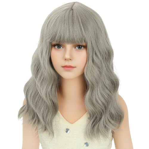 Image of Grey Wig Short Grey Wavy Curly Wigs Wig with Air Bangs Synthetic Cosplay Hair Wigs