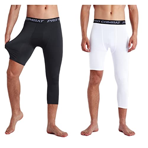 Mens One Leg Leggings, 3 4 Compression Pants, Base Layer Legging Tights Wick Sweat Away Quickly for Outdoor Sports (Black-l+White-l, Medium)