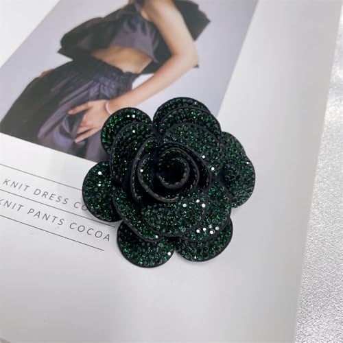 Rhinestone Rose Flower Brooch Lapel Pins for Women Her Fashion Crystal Camellia Flower Brooches Pin for Dress Accessories Jewelry Boutonniere Corsage Wedding Party Birthday Gift 70mm(Green)