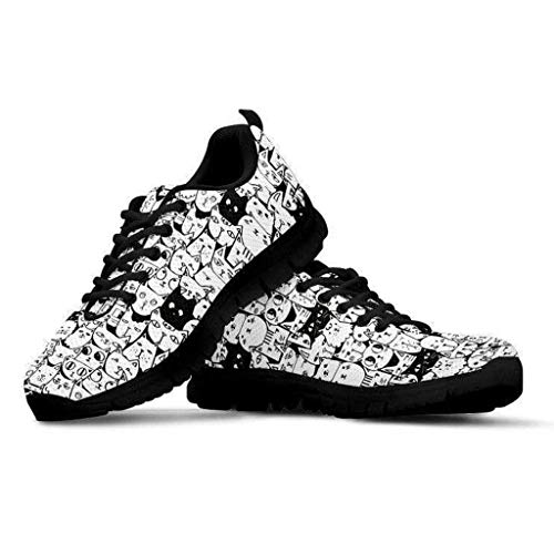 HUGS IDEA Lustige Cartoon-Freizeit-Sneaker Laufschuhe Fitnessstudio Low-Top Schnürschuh Netz-Schuh atmungsaktiv, Weiß - Katzen schwarz - Größe: 39 EU