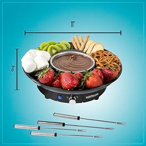 Nostalgia 10 oz electric fondue pot set for cheese chocolate 4 dipping forks 3 section food tray kitchen gadgets and appliances for hors deouvres entrees desserts black  urban country home decor