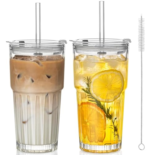 TAIHE 2 Stück Bubble Tea Becher, 600ml Transparente Eiskaffee Becher, Glasbecher Trinkbecher mit Deckel und Strohhalm, Gestreifte Glas Eiskaffee Gläser,Longdrinkglas Set, Smoothie-becher