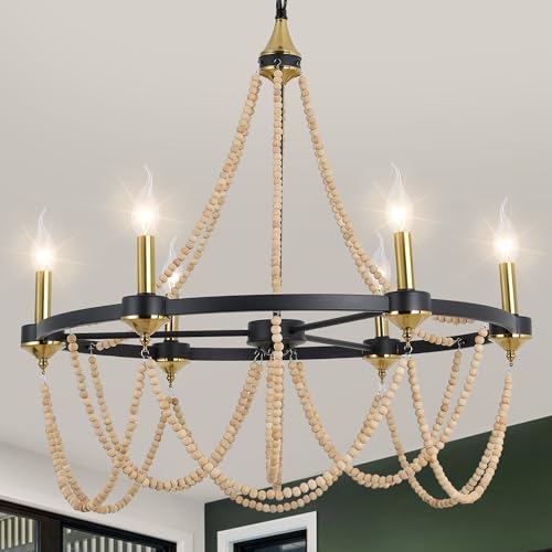 COCOSTAR Black Beaded Chandelier Boho Ceiling Light Fixture, Candle Wagon Wheel Chandeliers with...