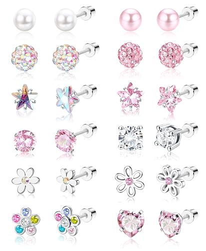 SAILIMUE 12 Pairs Hypoallergenic Screw Back Earrings for Women Girls Surgical Steel Cute Heart CZ...