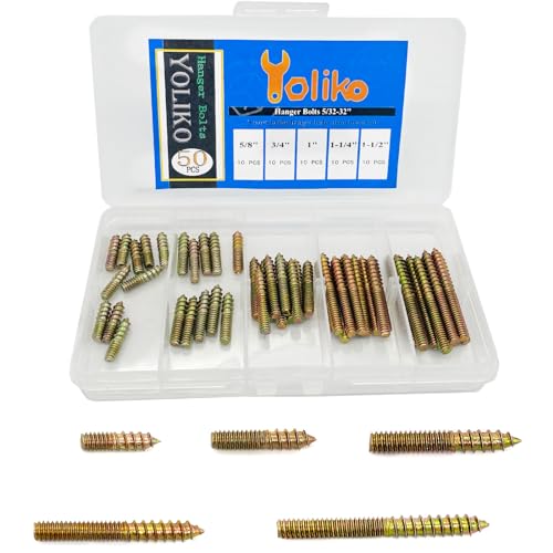 Image of 50 Pack Assorted Hanger Bolts Kit - 5 Sizes (5 /32-32 inch, 8 /5, 3 /4, 1, 1-1 /4, 1-1 /2 inch) - Double Headed Bolts, Wood Dowel Screws