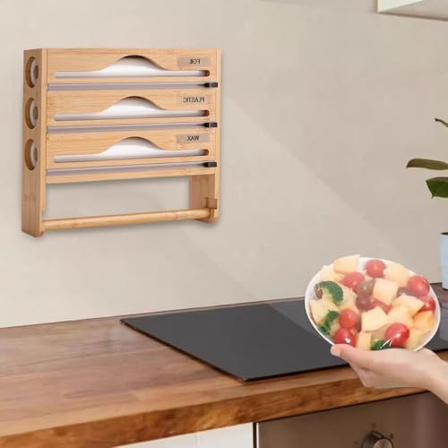 Dispenser 5 in 1 per fogli e pellicola trasparente con taglierina, organizer da parete in bambù per rotoli da 30,5 cm, soluzione di archiviazione da cucina per involucri