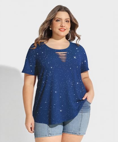 Image of CARCOS Plus Size Tops for Women Short Sleeve Shirts Basic Tee Solid Color Blouse V Neck Tunic Loose Fit Tshirts Summer XL-5XL