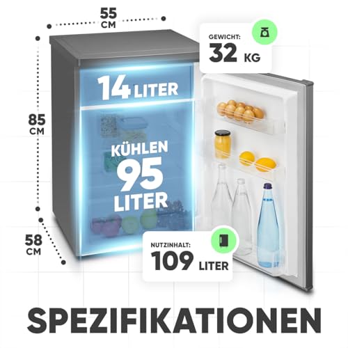 Bomann® Kühlschrank mit Gefrierfach | 109 Liter | energieeffizient, leise & kompakt | 2 Ablagen, Obst- & Gemüsefach | 4-Sterne-Gefrierfach | Türanschlag wechselbar | KS 7251 inox