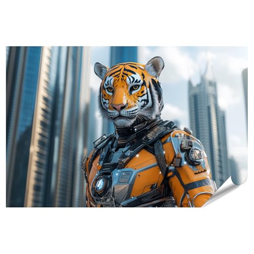 islandburner Póster XXL de tigre cyborg en ciudad futurista para