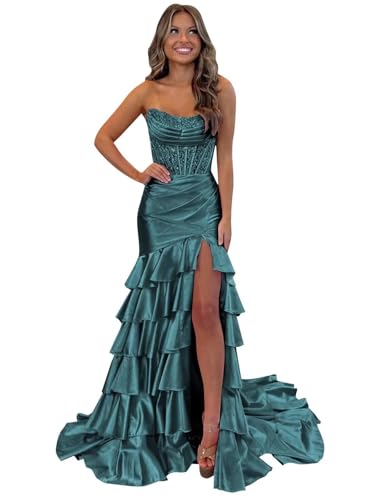 Tsbridal Mermaid Sequin Satin Prom Dress for Women Strapless Tiered Ruffle Beads Formal Evening Gown Slit