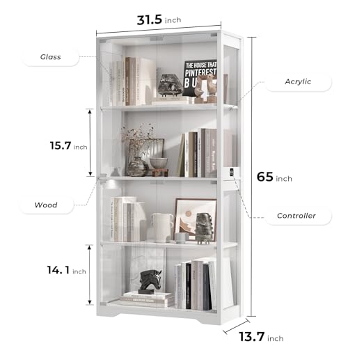 Image of BROTTAR Display Cabinet with Glass Doors, 4-Tier Curio Cabinet with 3 Color Lights for Collectibles, Glass Display Case with Human Body Sensor, Bookcase with 4 Shelves, Storage Cabinets, White