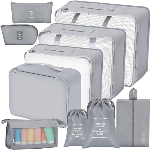 AiQInu Koffer Organizer Set, 10 Teilige Packing Cubes Kleidertaschen Schuhbeutel Kosmetik, Packwürfel Ordnungssystem Koffer für Urlaub und Reisen