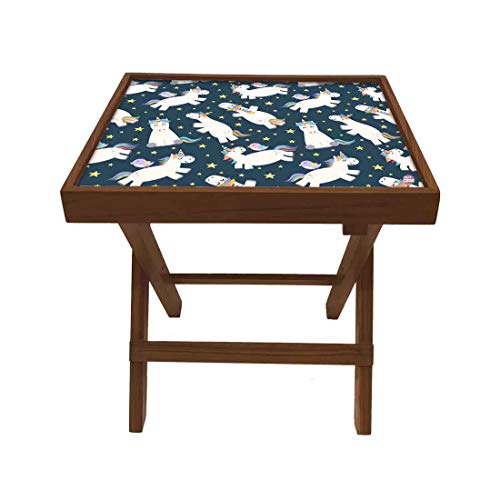 Image of Nutcase Designer Teak Wood Side Table Folding Wooden Bedside Kids Baby Nursery Furniture - Fun and Games - Rainbow Unicorns