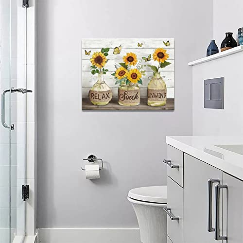 Farmhouse Bathroom Decor Wall Art Rustic Sunflower Bathroom Pictures Canvas Print Country Bathroom Painting Prints Wall Decor Framed Artwork Decor For Living Room Bathroom 12"X16" #TOP1