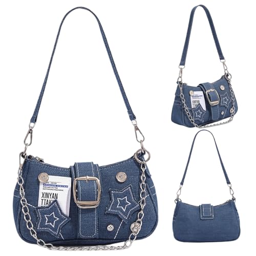 Y2k Geldbörse Y2k Schultertasche mit Kette & Stern Dekor Canvas Vintage Geldbörse Große Kapazität Goth Tasche für Frauen
