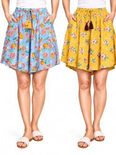 Image of B STORIES Women's Viscose Printed Lounge Culotte Shorts (Pack of 2)