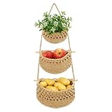 MaagorVita Hanging Fruit Basket, 3 Tier Cotton Woven Wall Basket, Detachable Wall Hanging Baskets for Kitchen Bathroom Storage, Plants Holder, Vegetable Onion Organizing, Boho Decor Aesthetic