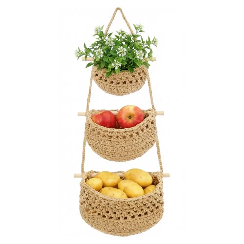 MaagorVita Hanging Fruit Basket, 3 Tier Cotton Woven Wall Basket,