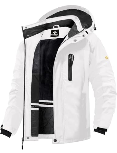 GEMYSE Herren Skijacke Winddicht Wasserdicht Warmes Fleecefutter Winterjacke mit Kapuze für Outdoor(Weiß 08,XL)