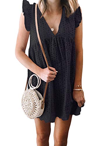 Dokotoo Womens Casual Summer Birthday 2022 V Neck Elegant Loose Fit Flare Short Sleeve Cute Chiffon Lace Boho Tunic Mini Short Dresses for Women Sundress with Pockets Black Large