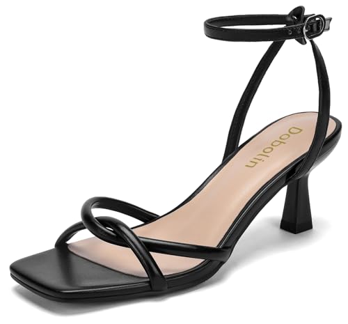 Wide Width Women's Sandals Black Strappy Heels for Women Square Open Toe Kitten Heels Ankle Strap Sandals Comfortable Dressy Party Wedding Shoes, Size 10