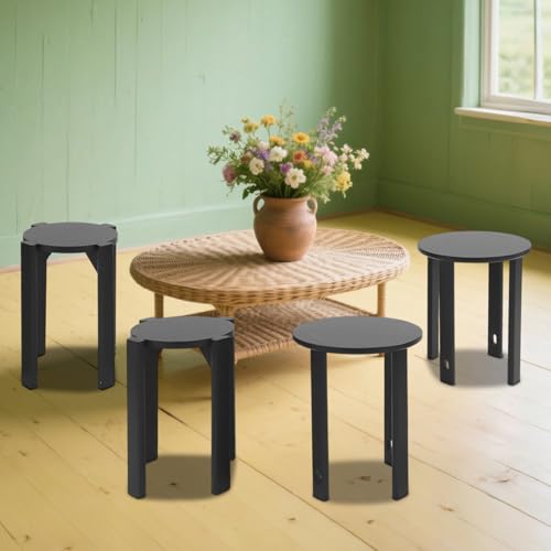 Juego de taburetes 4 en 1 de madera maciza, apilables, multifunción, para cocina, salón, mesita de noche, 36 cm de diámetro, 54 cm de altura, color negro