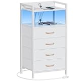 Furnulem White Nightstand with Charging Station, Night Stand Side Table with Led Light, Tall Dresser for Bedroom with 4 Fabric Storage Drawers, Metal Frame, Wood Shelf(White)