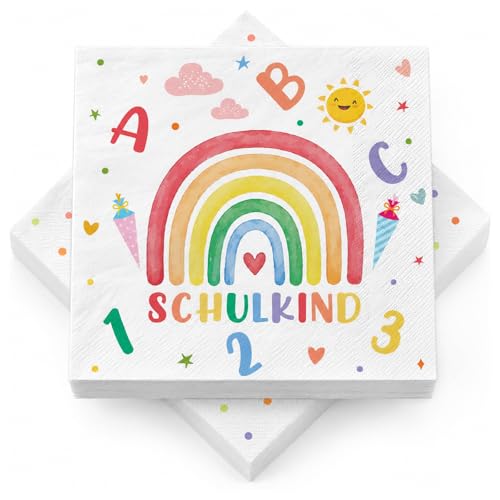 WenmthG 40 Stück Einschulung Servietten Regenbogen Schulkind 33 x 33 cm