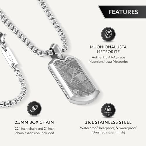 RTZN® Meteorite Necklace for Men – Premium Meteorite Mens Dog Tag Pendant Necklaces with Silver Stainless Steel Chain 22" Inch + 2" Extension3