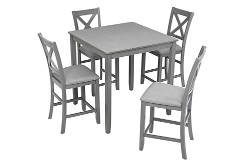 LUMISOL 5-Piece Solid Wood Table Set for 4, Farmhouse Counter Height Kitchen Dining Table Set with 4 Upholstered Chairs for Kitchen, Dining Room, Home Bar, Grey