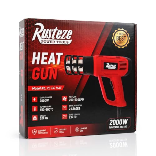 Image of Rusteze 2000W Heat Gun | Hot Air Gun with 2 Temperature Settings (350C /550C) | Heavy Duty Heat Blower for Paint Removal, Shrink Wrapping, PVC Pipe Bending, Crafts, DIY & Industrial Use