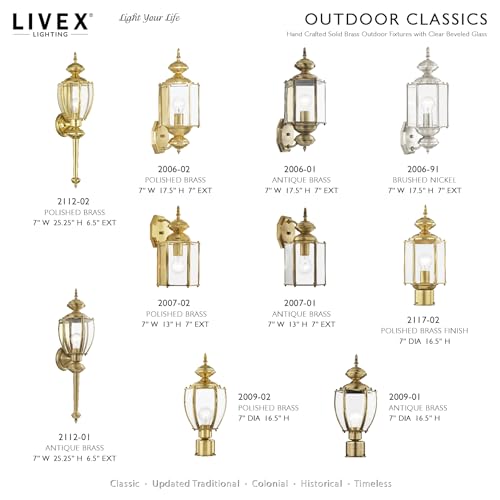 Image of Livex Lighting 2112-01 Basics 1 Light AB Outdoor Wall Lantern, Antique Brass, 7 inchW x 25.25 inchH