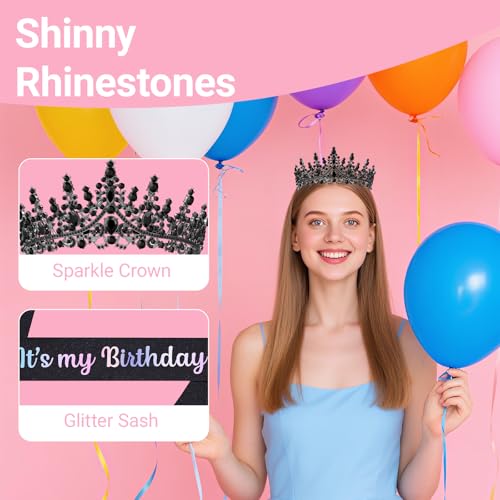 Birthday Tiara and Crown with Sash, Birthday Tiara for Women Party (Black)
